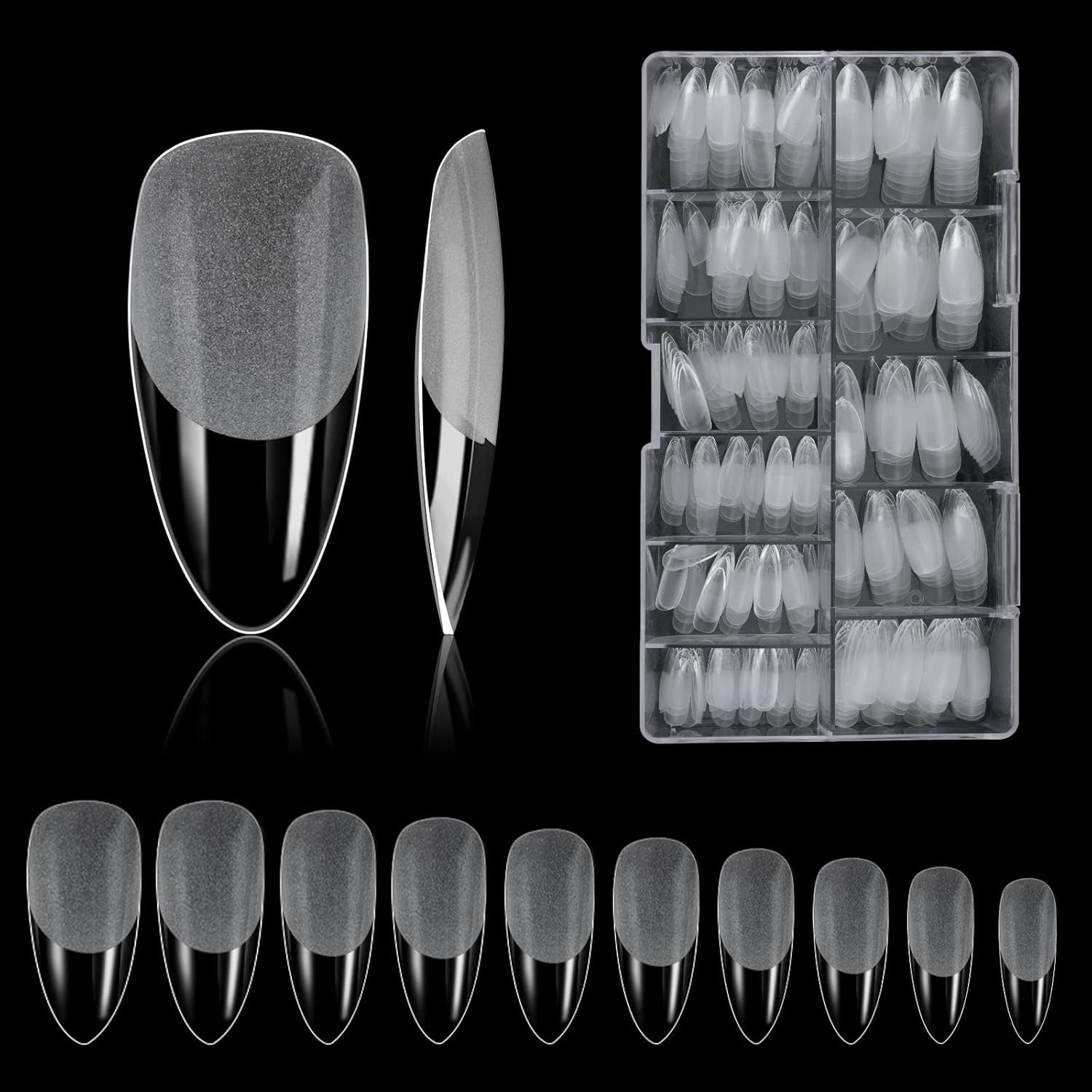 Tipuri de unghii, 500 bucăți de vârfuri de unghii false acrilice artificiale cu cutie de depozitare pentru saloane de unghii și nail art DIY acasă, 10 dimensiuni