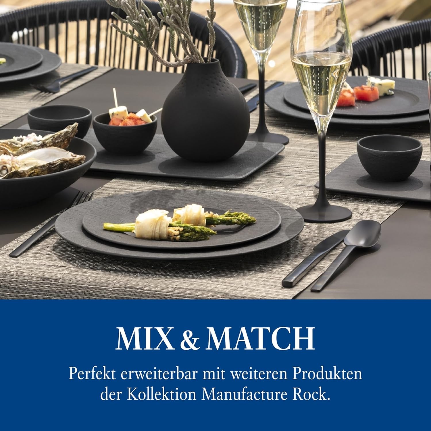 Villeroy & Boch – Set de început Manufacture Rock, 6 piese, negru, rezistent la mașina de spălat vase, rezistent la cuptorul cu microunde, set de veselă negru mat, veselă, tacâmuri, porțelan premium