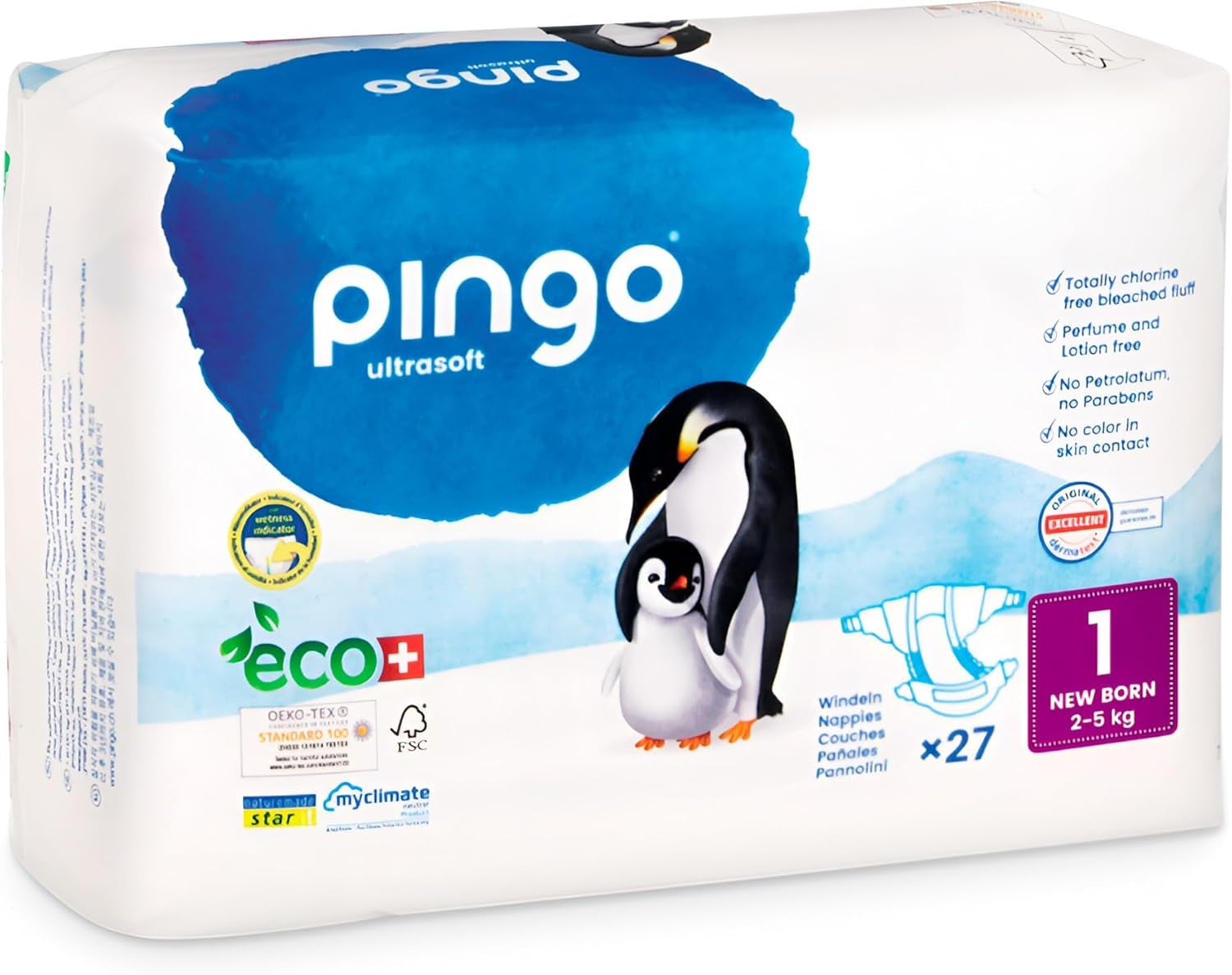 Scutece ecologice mărimea 1 nou-născut (2-5 kg), 1 pungă cu 27 de scutece