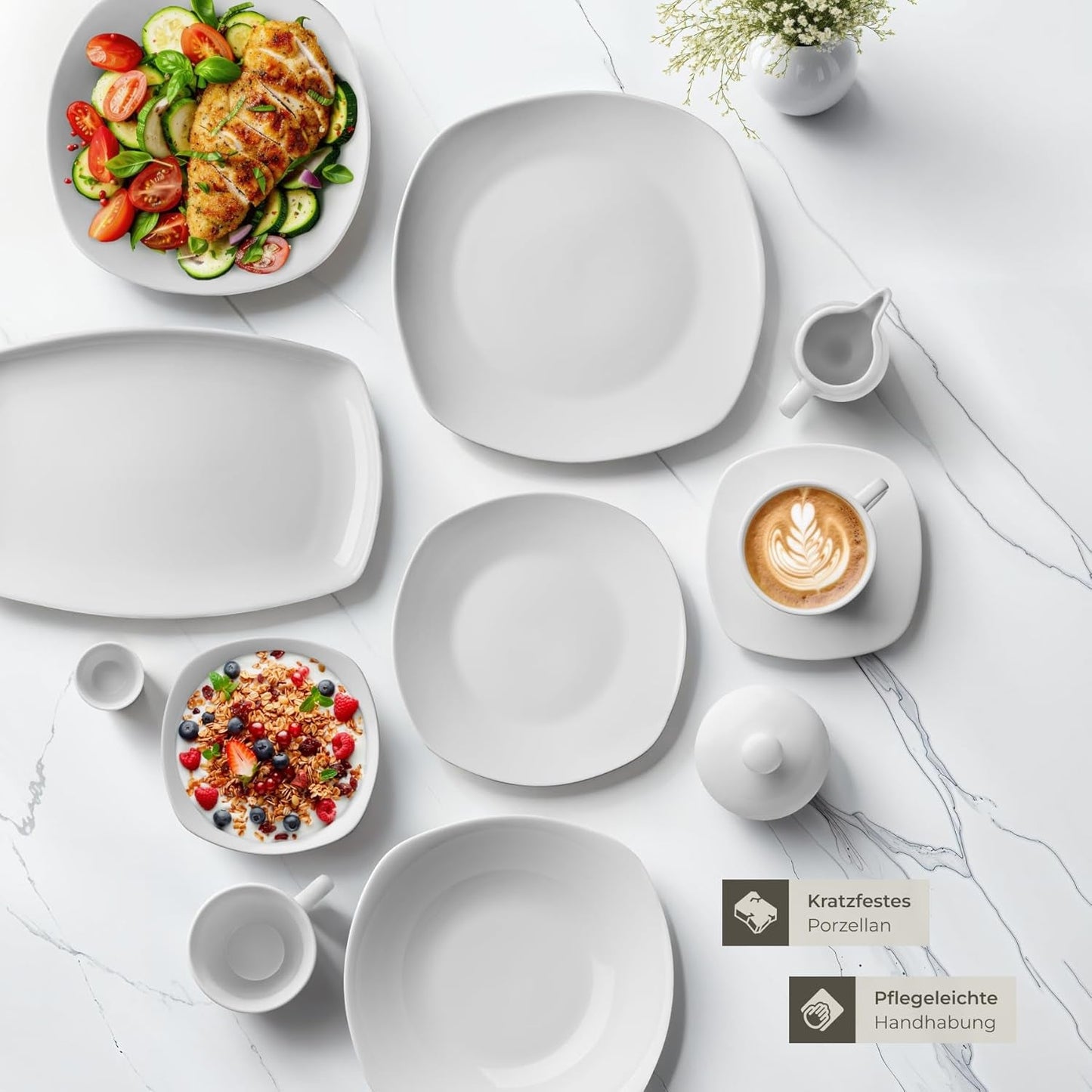 Set de veselă tectake® pentru 12 persoane, set de veselă din porțelan cu 100 de piese, inclusiv 12 farfurii, 12 farfurii de desert, 12 farfurii de sumă, 12 cești, 12 boluri pentru cereale, bol pentru salată, ulcior de lapte, zaharniță