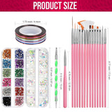 FANDAMEI Nail Art Pinsel Set, 15 Stücke Pinsel Für Gelnägel Nagel Pinsel, 5 Stücke Dotted Pen, 10 Rolle Streifenband Nägel, Strasssteine Nägel, Ultra Dünn Nagel Pailletten Für Nagelkunst Maniküre Set
