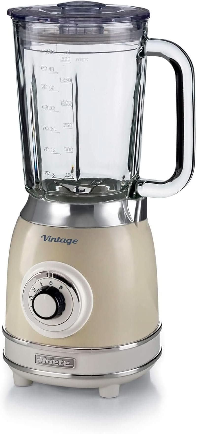 Ariete Vintage 583 Mixer Aus Glas, Retro Multifunktionsmixer Mit 4 Klingen, 4 Geschwindigkeiten + Pulse-Funktion, Ice-Crusher Funktion, 1,5 Liter Fassungsvermögen, 1000W, Grün Bucatarie Naty Shop Beige Single