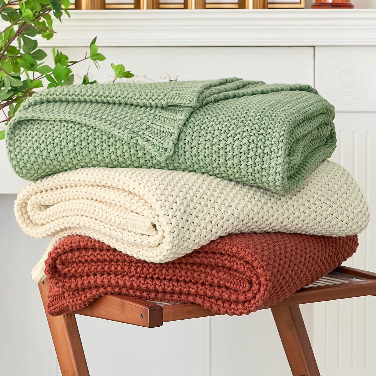 Chunky tricot arunca pătură, Lightweight, Bej, 100% bumbac organic, Pătură pentru canapea, canapea, pat, copil, camera copiilor, Rustic, Shabby chic, Modern farmhouse, 152.4 X 203.2 cm, Inclusiv sac de rufe Paturi si Cuverturi Longhui bedding Rugină 51 "X63"