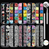 10 cutii kit de strasuri pentru unghii, accesorii multifuncționale cu 1 pensetă, diamante decorative, cristale, perle, pietre prețioase, colorate, amestecate, ochi de cal, pietre metalice, pentru decorarea unghiilor DIY