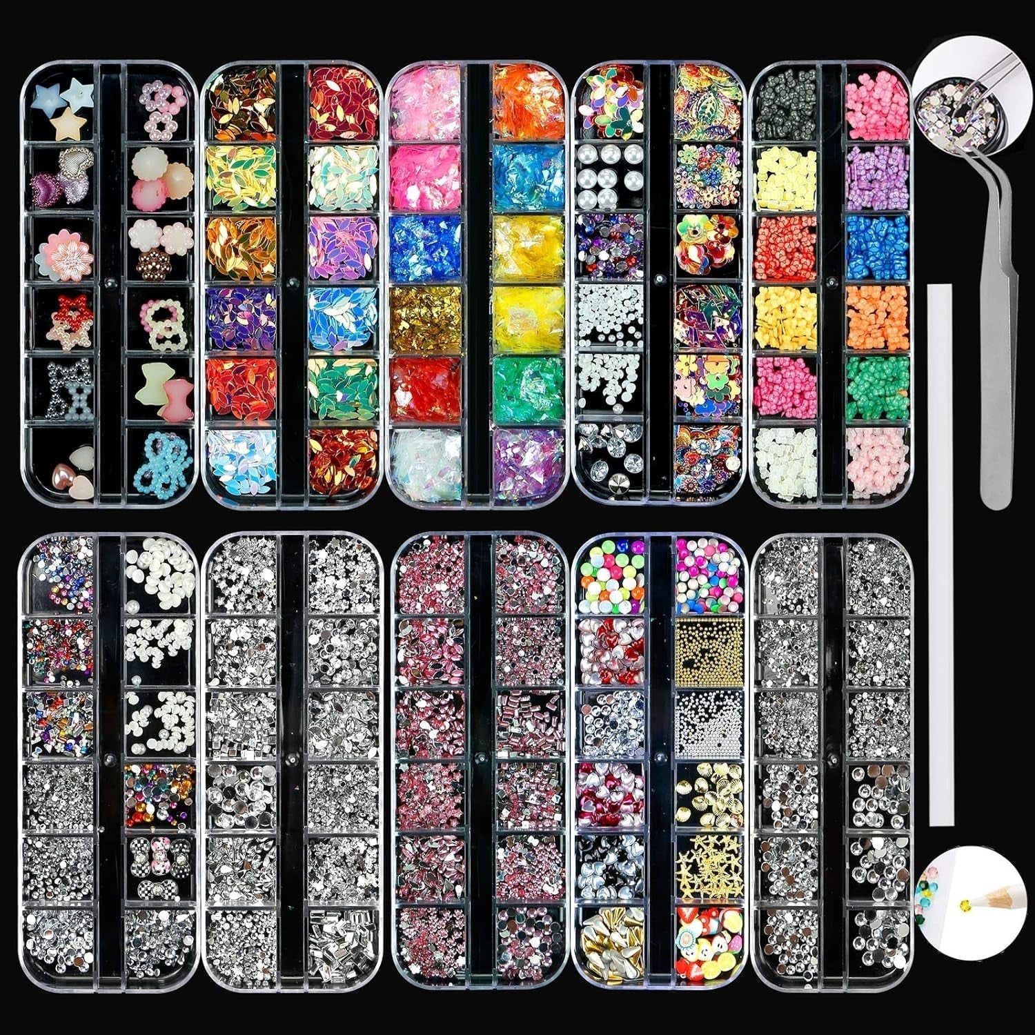 10 cutii kit de strasuri pentru unghii, accesorii multifuncționale cu 1 pensetă, diamante decorative, cristale, perle, pietre prețioase, colorate, amestecate, ochi de cal, pietre metalice, pentru decorarea unghiilor DIY
