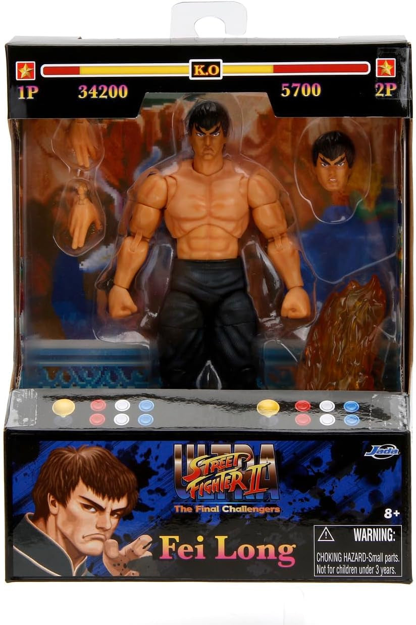 Jada Toys Street Fighter Figure Guile (15 Cm) - Personaj mobil de colecție și de acțiune din Street Fighter 2: The Final Challengers, cu cap, mâini și accesorii alternative, vârsta 13+ Action figures Naty Shop Fei-Long
