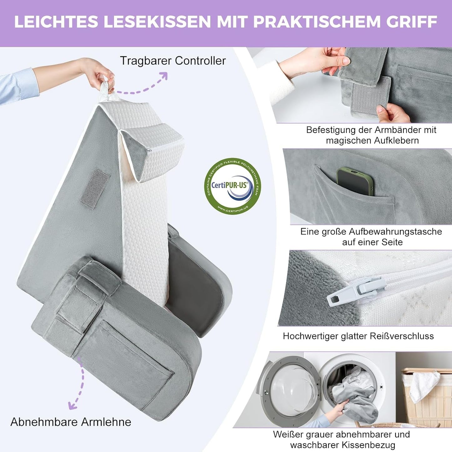 Pernă mare de citit cu bară de mâner, spumă de înaltă densitate, pernă ergonomică pentru spate, cotiere, suport pentru gât și tetieră, pernă de șezut cu reflux pentru dormit, joacă, vizionarea la televizor, pentru pat și canapea