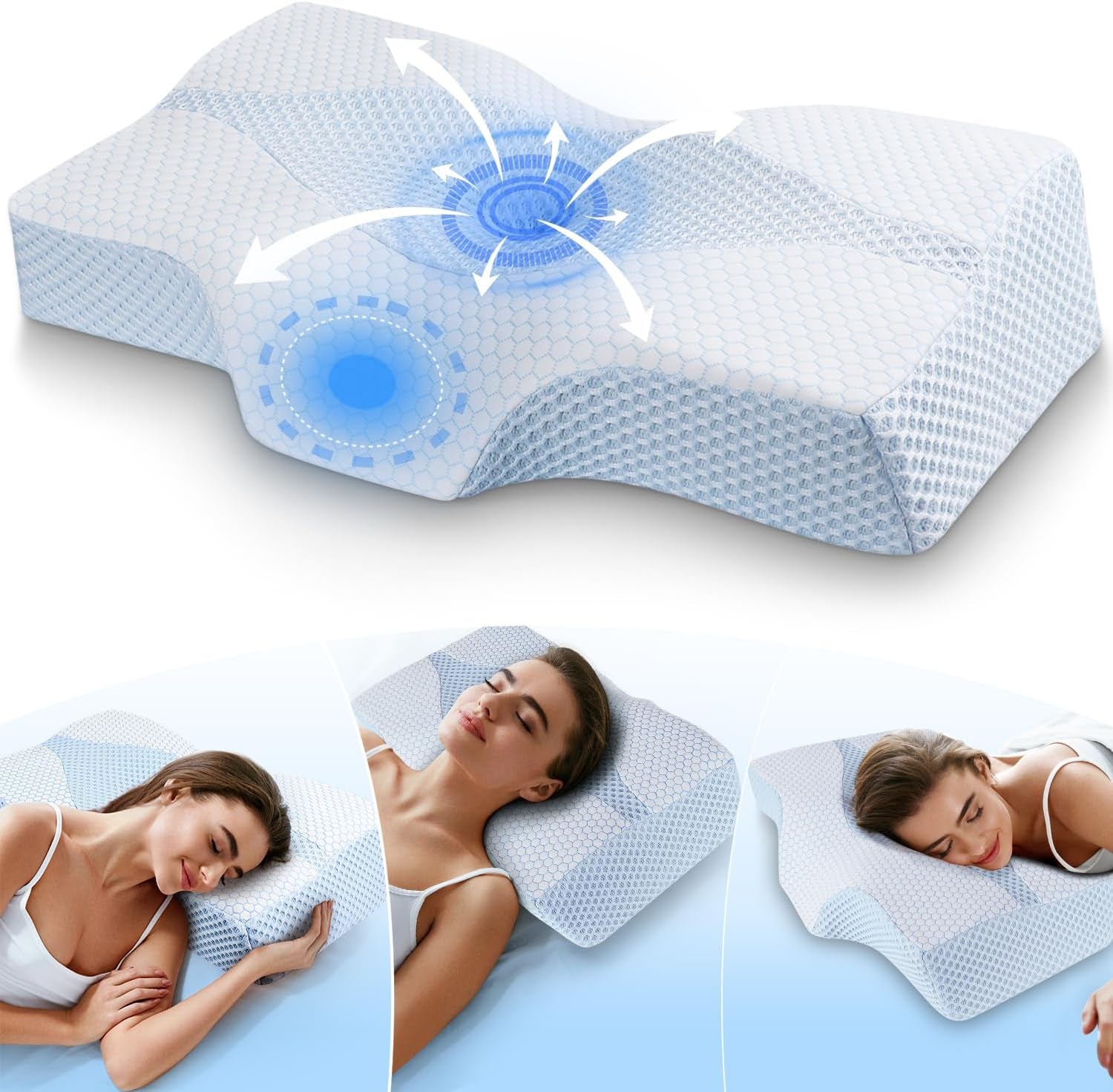 Pernă pentru gât din spumă de memorie Pernă ortopedică ergonomică Pentru dureri de gât și umeri - Pernă de dormit răcoritoare Pentru cei care dorm lateral, pe spate și pe stomac Cu suport pentru gât Perne ortopedice cervicale Naty Shop 01-Blau(63.5Cm*40.6Cm*10.7/13.2Cm) Blau Weiss(63.5Cm*40.6Cm*10.7/13.2Cm)