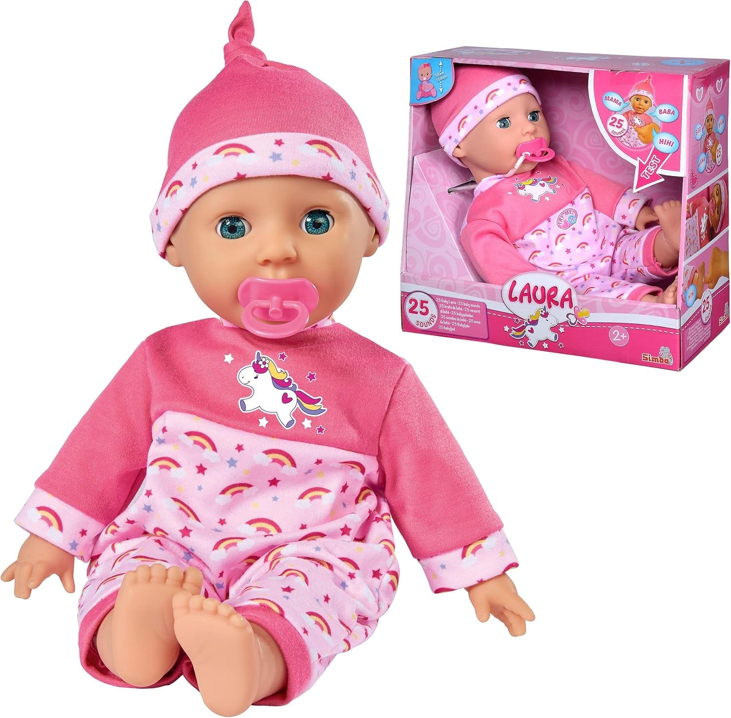 Simba 105140060 - Laura Tickle Baby, păpușă cu corp moale și saltea curcubeu, scoate 25 de sunete de bebeluș, 38 cm, păpușă pentru copii de la 2 ani