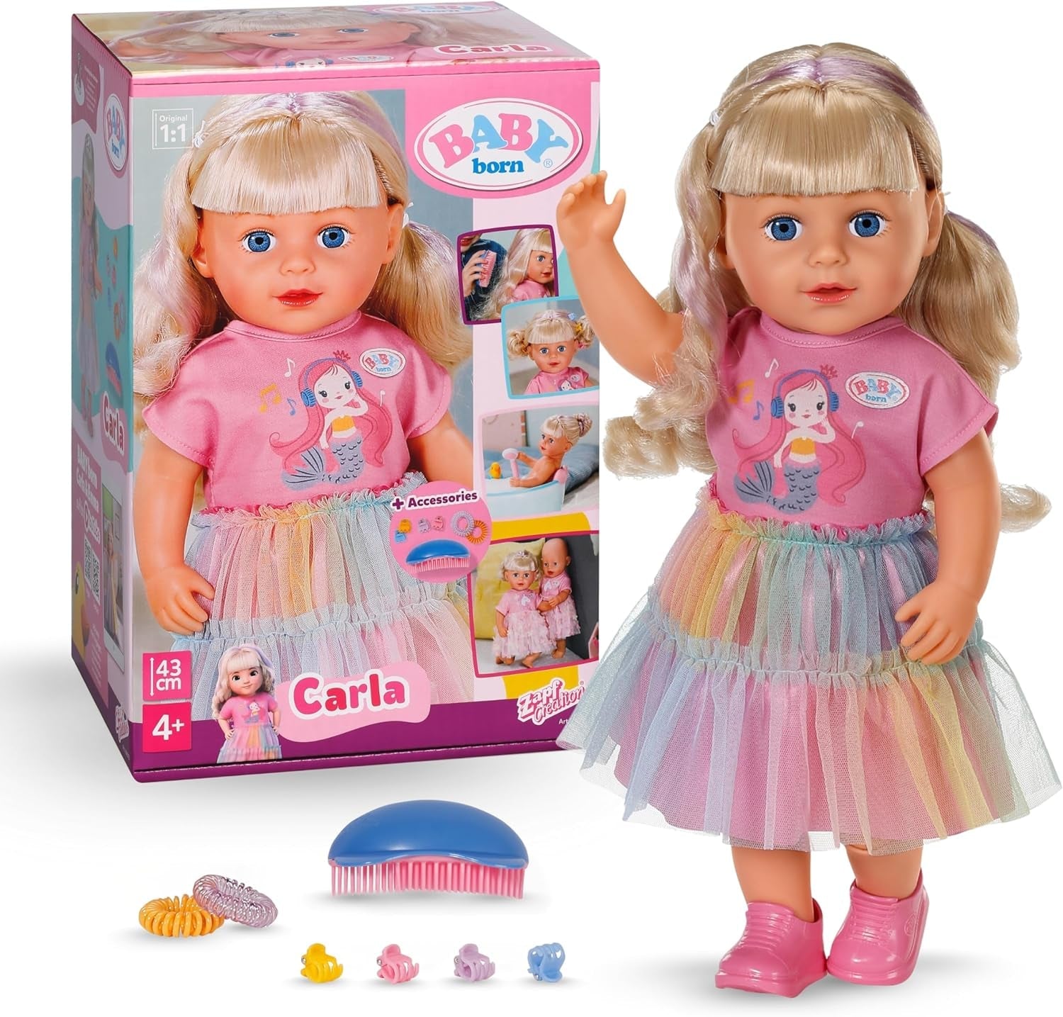 BABY born Carla - păpușă de 43 cm - păr blond de înaltă calitate cu șuvițe - nu necesită baterii - potrivită pentru copii de la 4 ani în sus - include 7 accesorii, roz