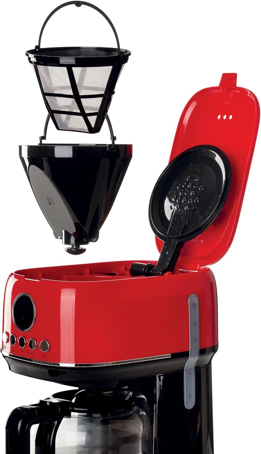 Ariete, Espressor cu filtru Moderna 1396 pentru prepararea cafelei americane, pentru până la 15 cești, carafă din sticlă, placă de încălzire, afișaj LCD, filtre detașabile și lavabile, alb