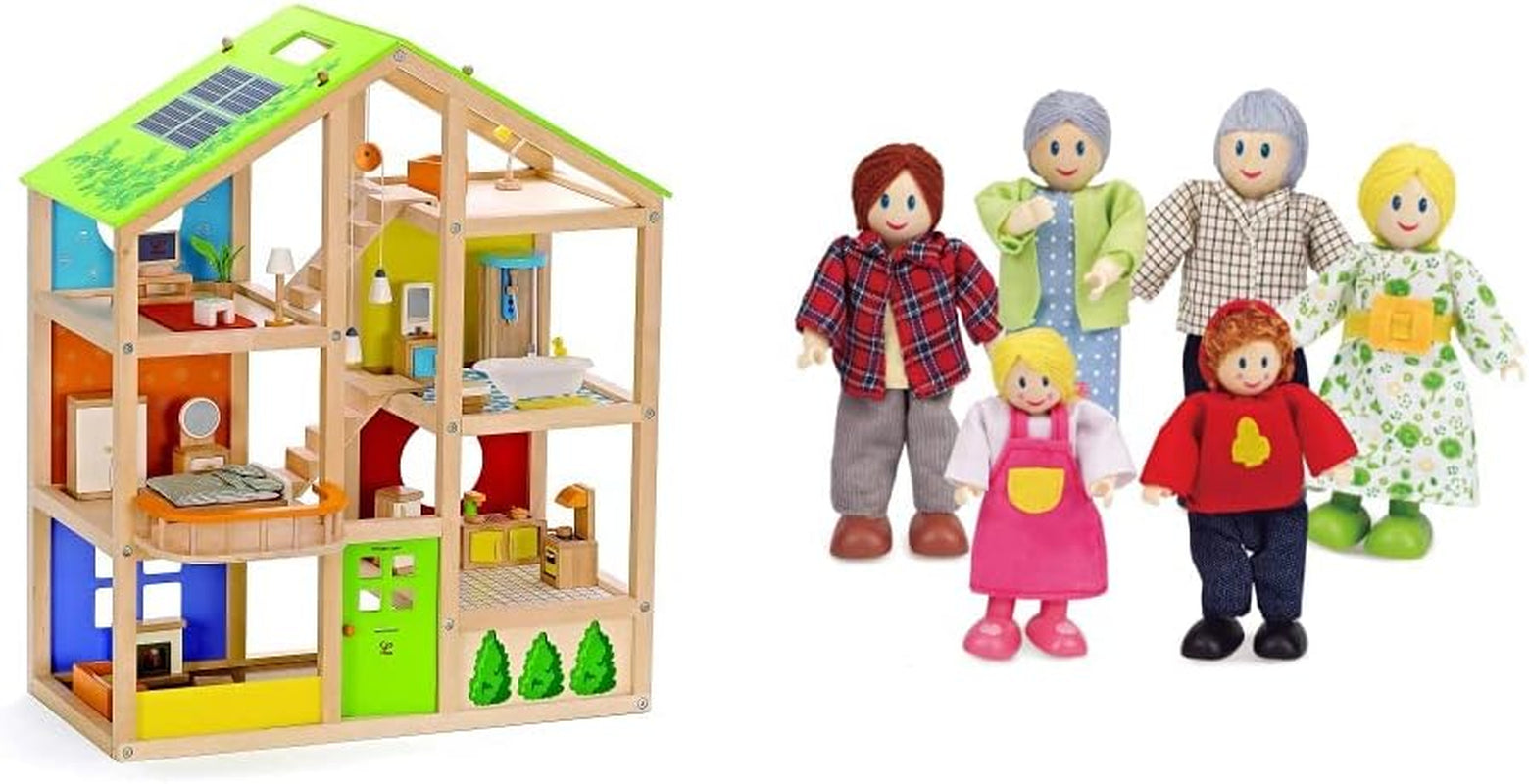 Hape E3401 Casă Patru Anotimpuri, Mobilată și E3500 - Familie de Păpuși, Piele Deschisă