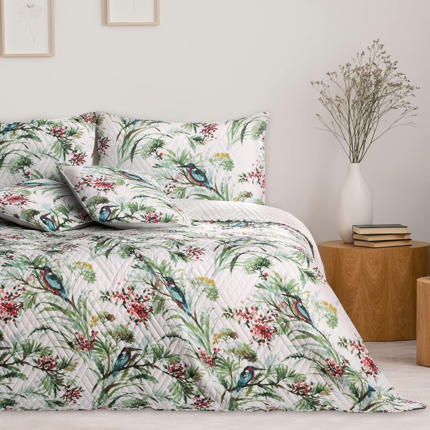 Ameliahome Cuvertură de pat Cuvertură de pat 260X280 Cm Două fețe Easy Care Quilting Model de plante Model de păsări Multicolor Kingfisher Paturi si Cuverturi Besuche den AmeliaHome-Store
