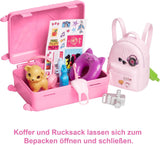Păpușă Barbie, Barbie de călătorie cu păr blond, peste 10 accesorii de călătorie, autocolante, valiză, cățeluș, include 1 păpușă, cadou pentru copii, jucărie pentru vârsta de 3 ani și peste, HJY18