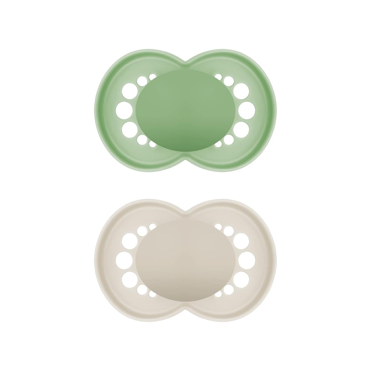 Suzete MAM Original, pachet de 2, suzete pentru bebeluși prietenoase cu dinții, fabricate din materiale sustenabile și bioregenerabile, tetine din silicon MAM SkinSoft, cu cutie pentru suzetă, 6-16 luni, verde/bej