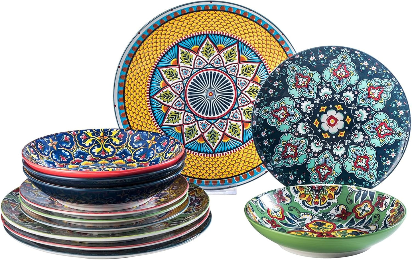 Set de veselă din porțelan HENXFEN LEAD, set de veselă cu 12 piese pentru 4 persoane, set de veselă colorat pentru 4 persoane - farfurii pictate manual, farfurii de desert, farfurii de supă - stil boem