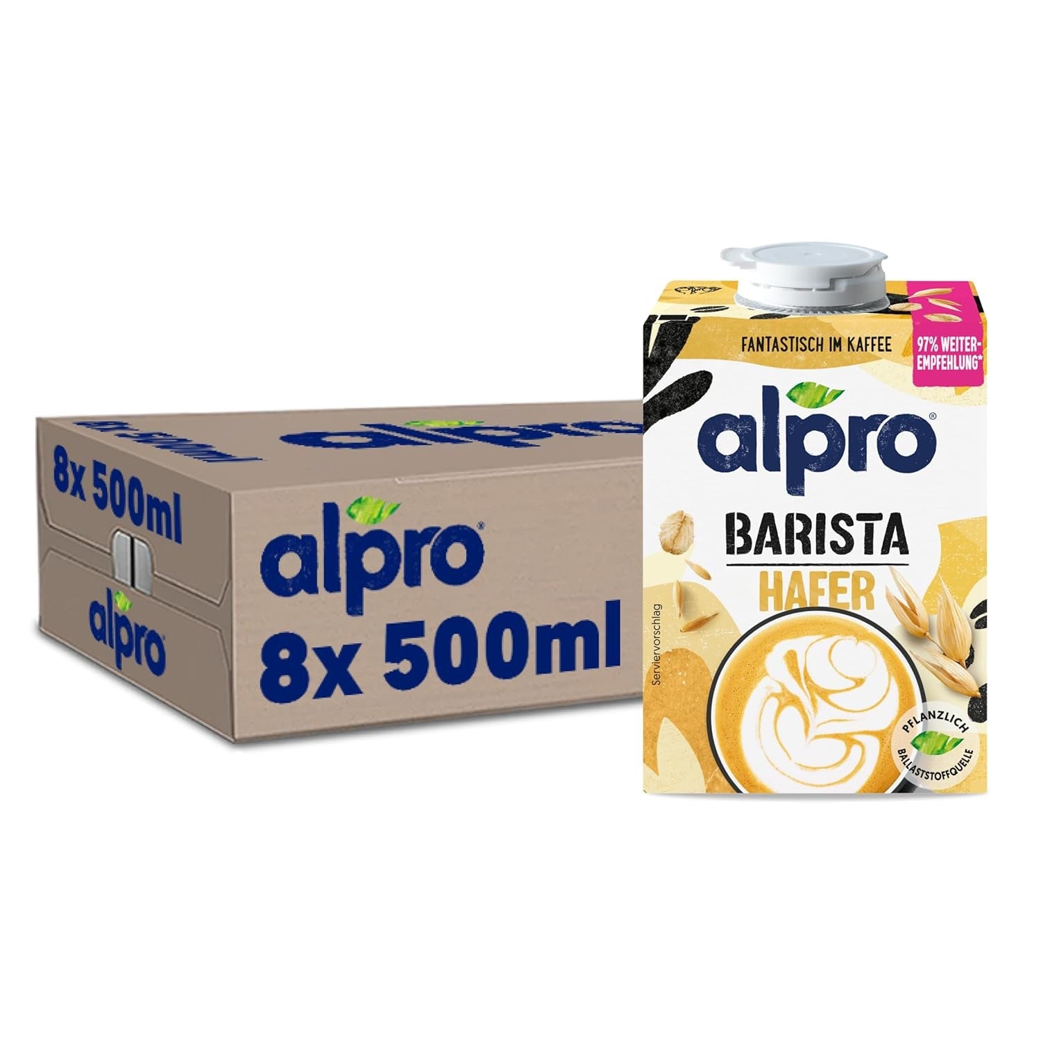 Alpro Barista Haferdrink – Zum Aufschäumen – Vegan und milchfrei – Von Natur aus laktosefrei – Reich an Ballaststoffen, Calcium und Vitaminen – 8 x 1 L – Haltbar