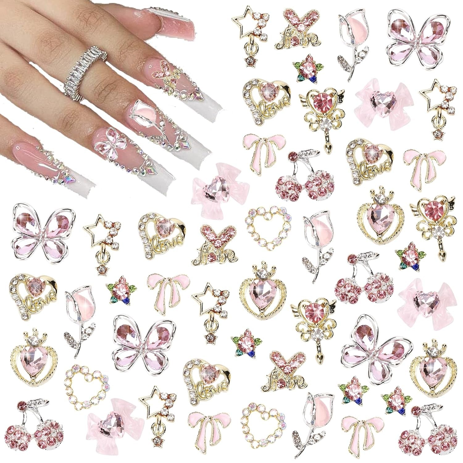 24 Stück Nagel-Charms, Y2K-Legierung, Nail Art, Strass-Charms, 3D-Herz, Stern, Schleife Mit Strasssteinen, Kirsch-Nagel-Edelsteine, Glänzender Schmuck, Nageldekorationen, Zubehör