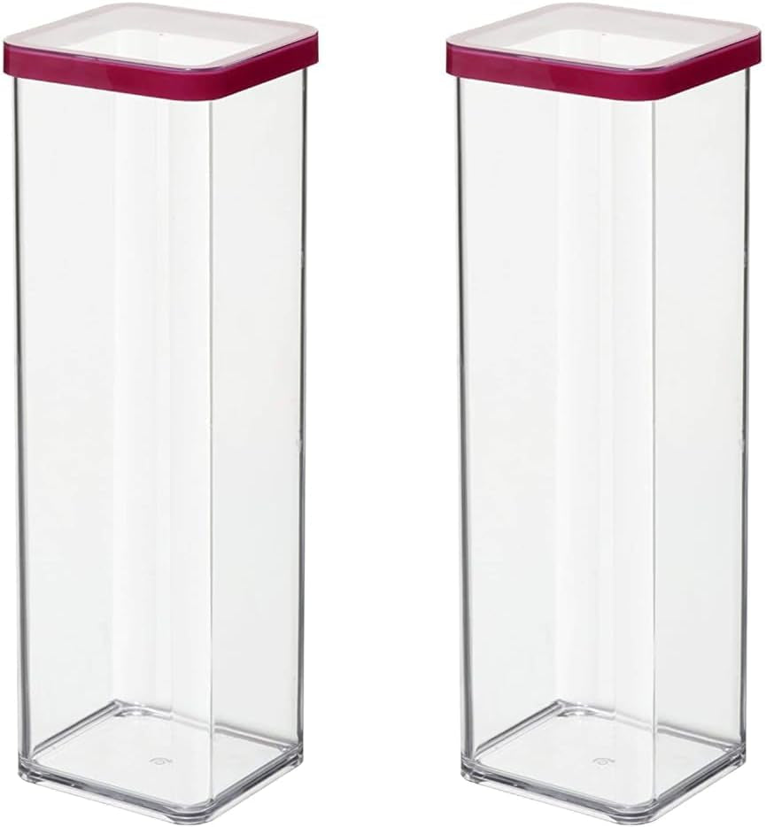 Rotho Loft set de 5 borcane de depozitare cu capac, diferite dimensiuni, plastic alimentar (PP) fără BPA, transparent/roșu, (21,4 x 21,4 x 23,5 cm) Cutii depozitare alimente Naty Shop 2 L pătrat (pachet de 2)