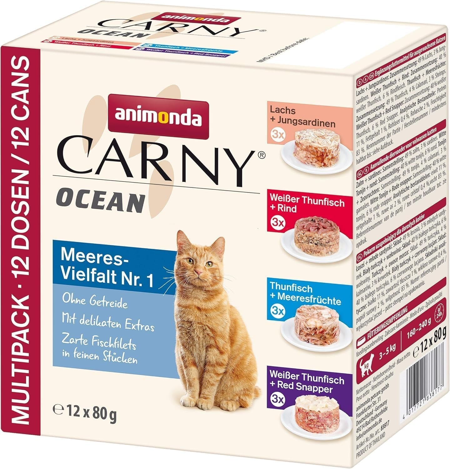 animonda Carny Adult Ocean Marine Variety No. 1 (12 x 80 g), hrană umedă pentru pisici adulte, hrană umedă cu file fraged de pește, hrană pentru pisici fără cereale și fără zahăr