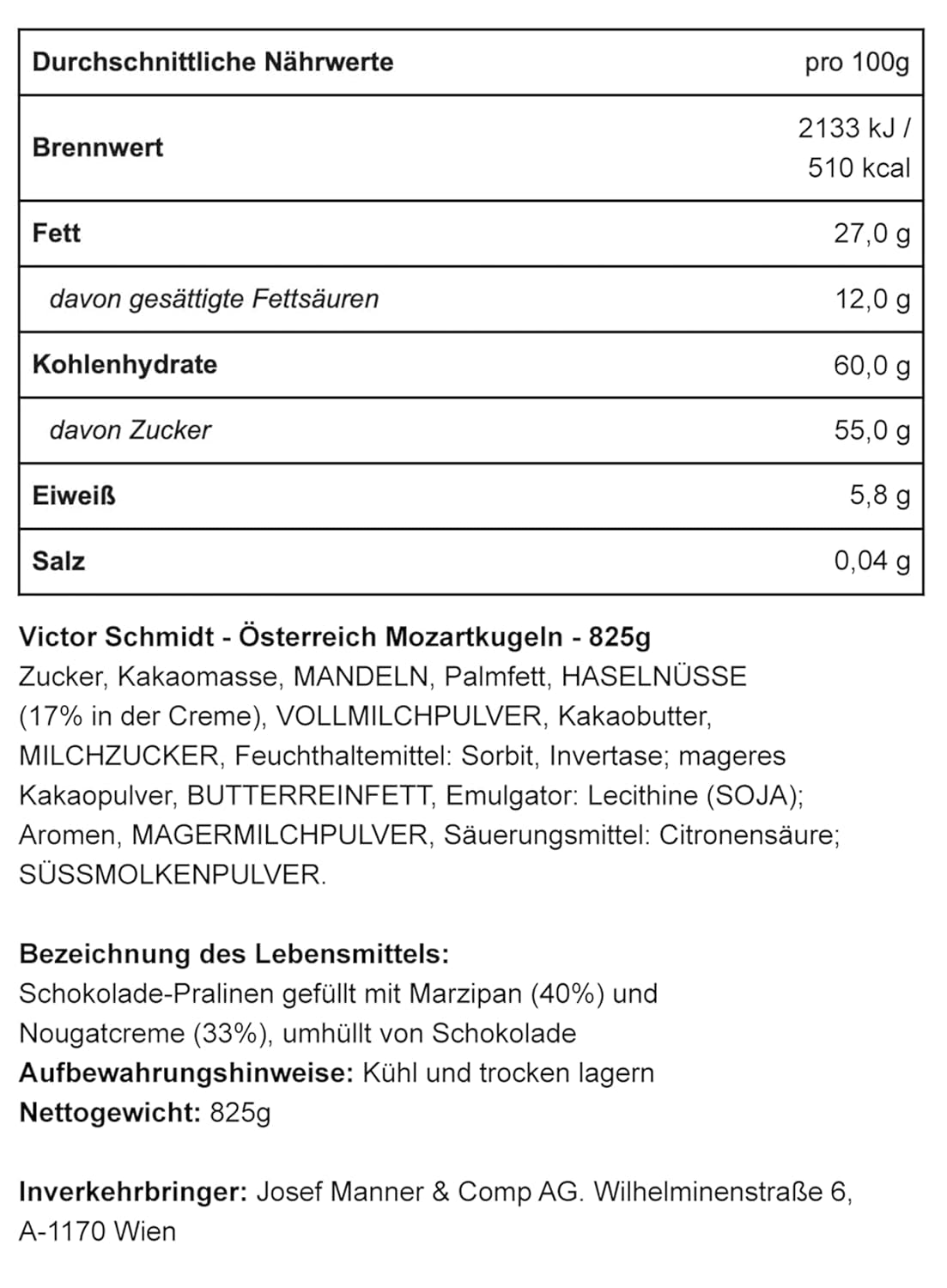 Mozartkugeln – Originale din Austria – Ciocolate fine cu nuga și marțipan – 825g (1 pachet)
