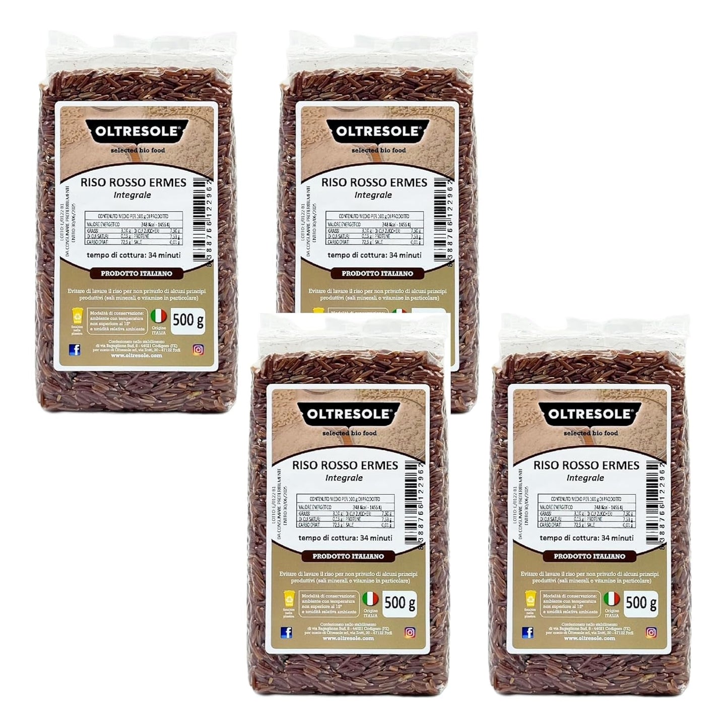 Orez integral italian, orez nerafinat cu conținut ridicat de fibre, ideal pentru salate creative de orez și mâncăruri sănătoase, ambalat în vid, 4 pachete x 500g