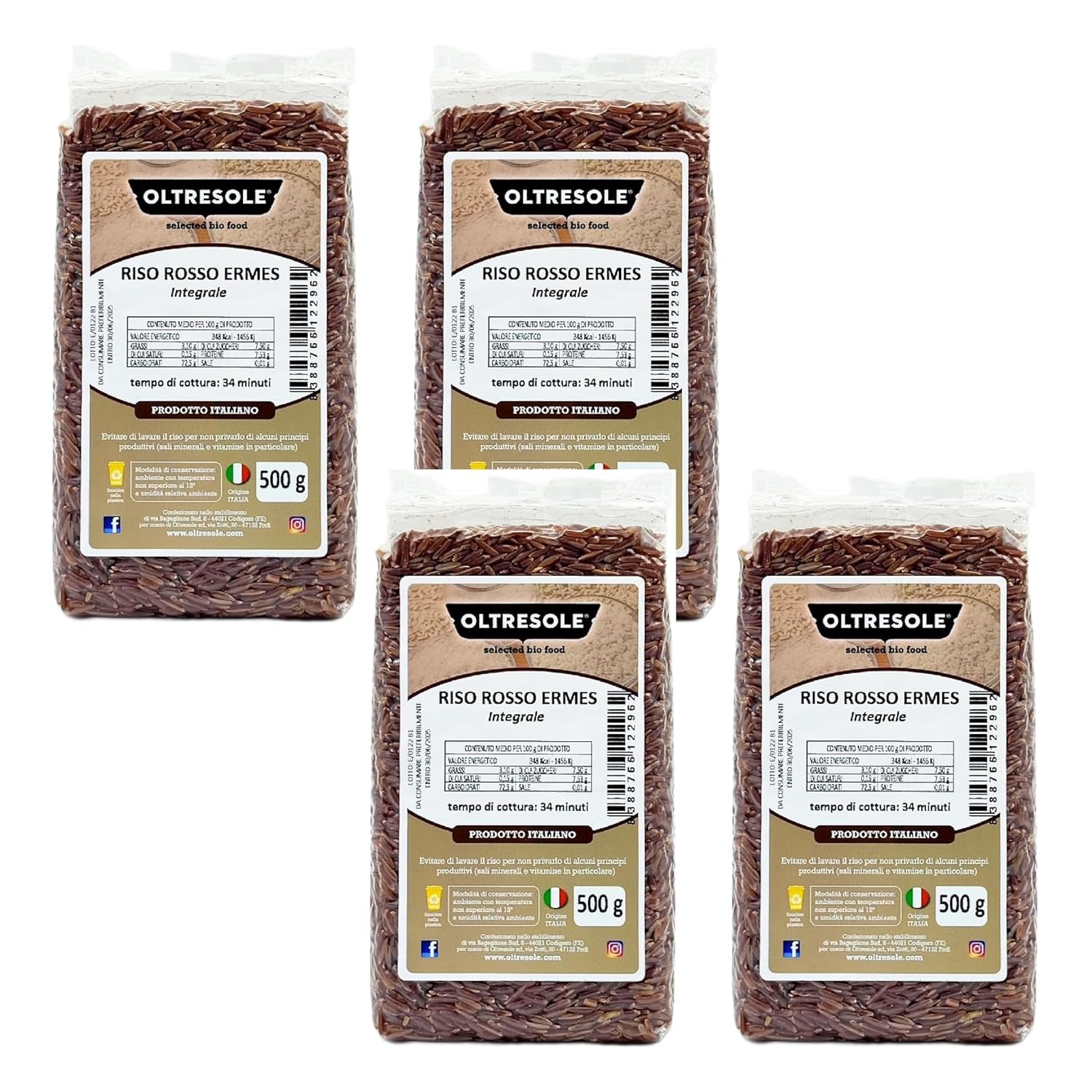 Orez integral italian, orez nerafinat cu conținut ridicat de fibre, ideal pentru salate creative de orez și mâncăruri sănătoase, ambalat în vid, 4 pachete x 500g