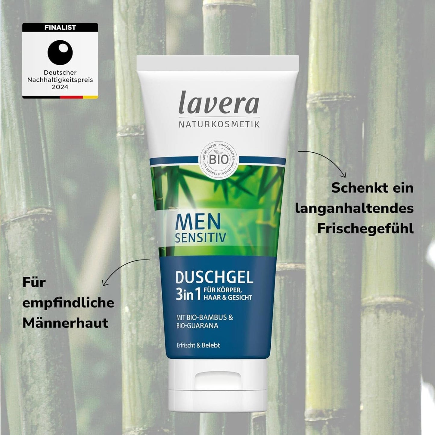 Lavera, Gel de duș cu bambus organic și guarana, 3 in 1, pentru piele, păr și față, 200 ml Duș și baie Naty Shop