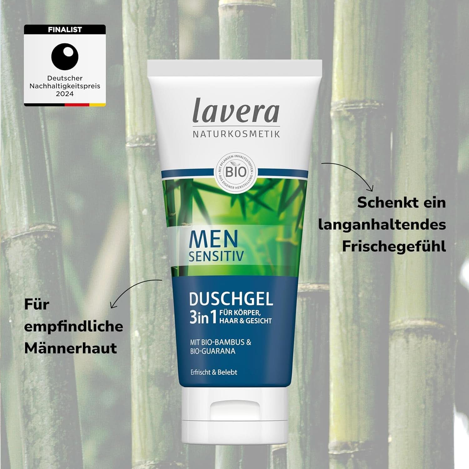 Lavera, Gel de duș cu bambus organic și guarana, 3 in 1, pentru piele, păr și față, 200 ml Duș și baie Naty Shop