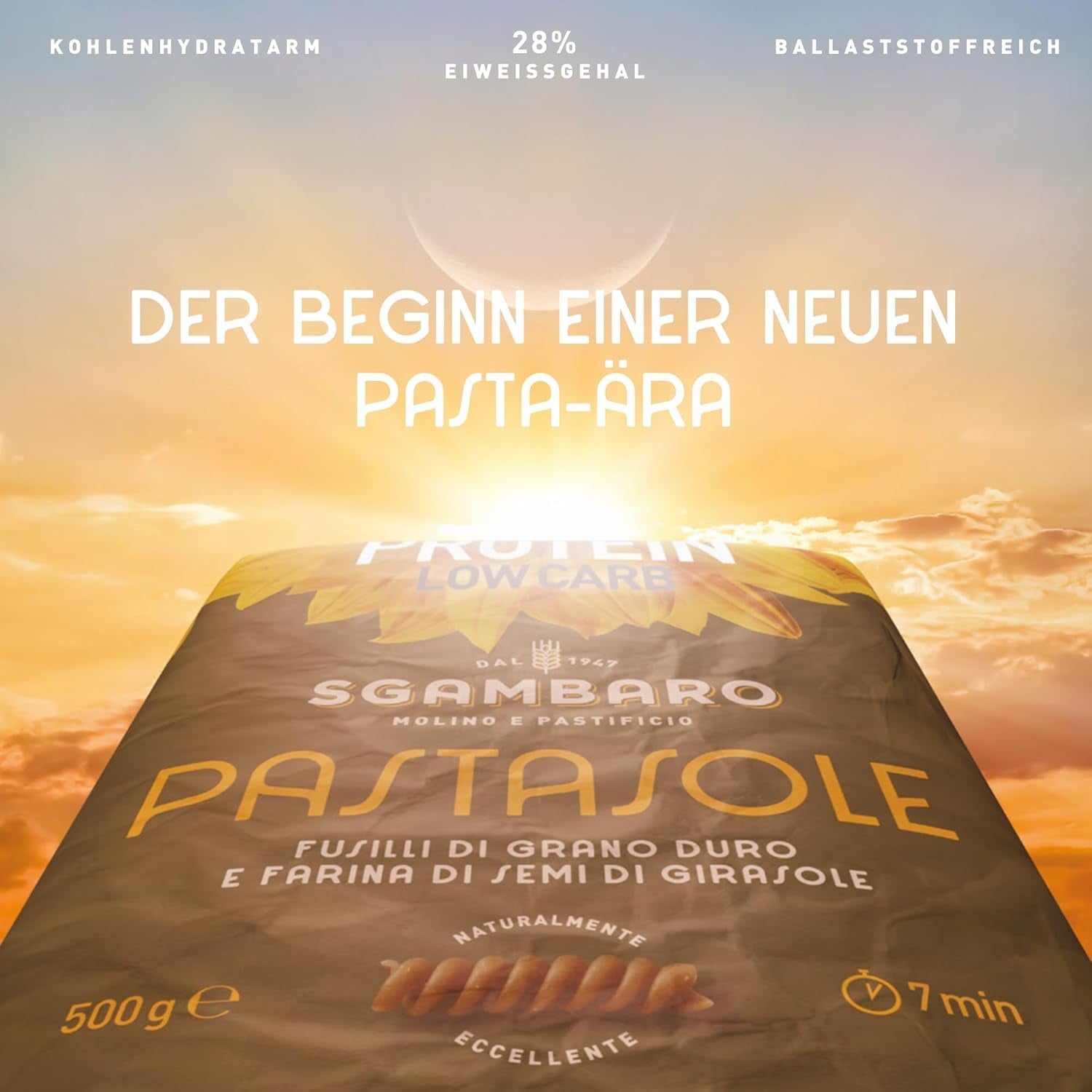 PASTASOLE , Penne Rigate mit Hartweizengrieß aus 100% italienischem Anbau und Sonnenblumenkernmehl - 500g - High Protein, Low Carb, Hoher Ballaststoffgehalt