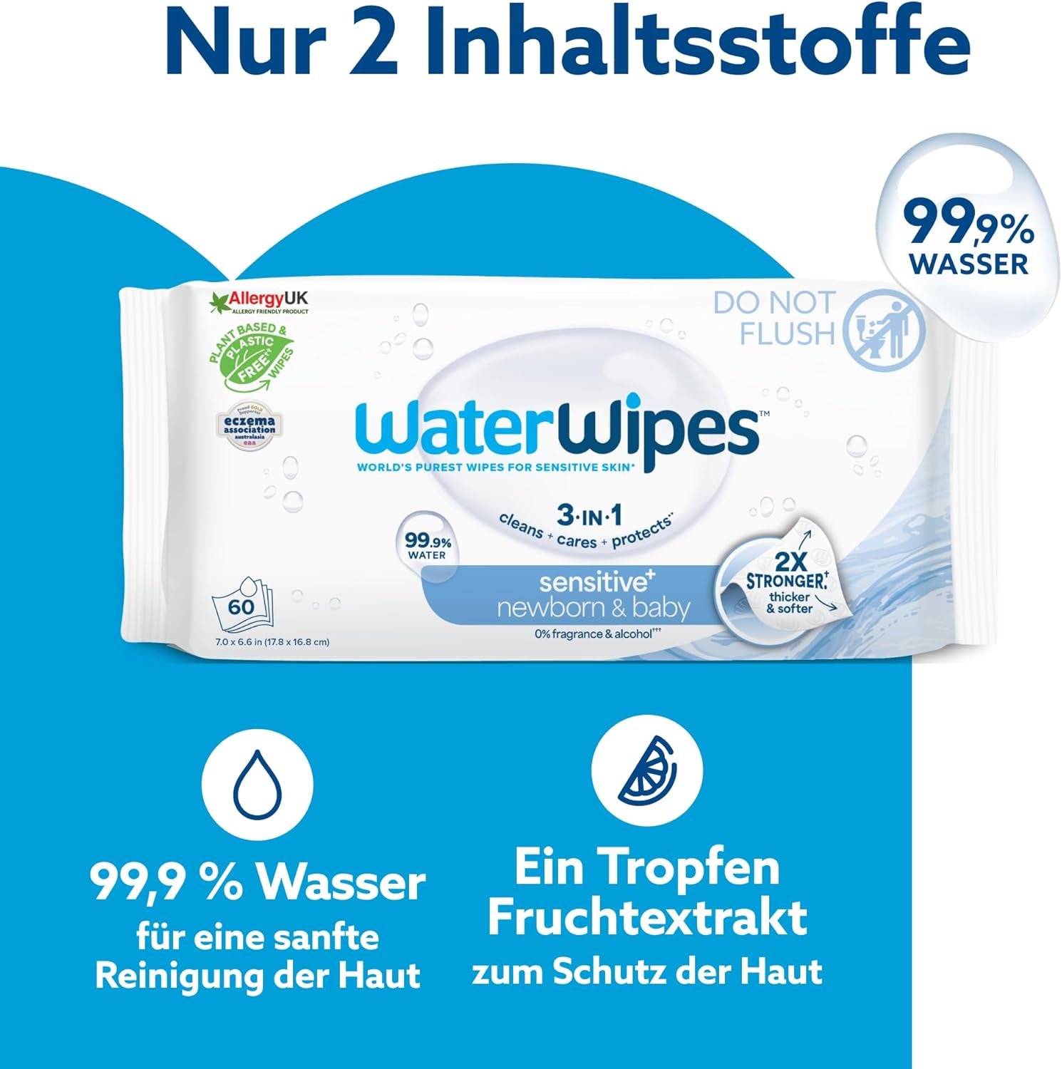Șervețele umede WaterWipes Sensitive+ pentru nou-născuți și bebeluși, 540 bucăți (9 pachete), curățare, îngrijire, protecție 3 în 1, 99,9% apă, fără parfum