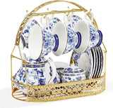 Set de ceai din porțelan cu flori albastre fanquare și suport metalic, ceașcă de cafea și farfurie vintage din porțelan, set de cafea englezesc pentru adulți