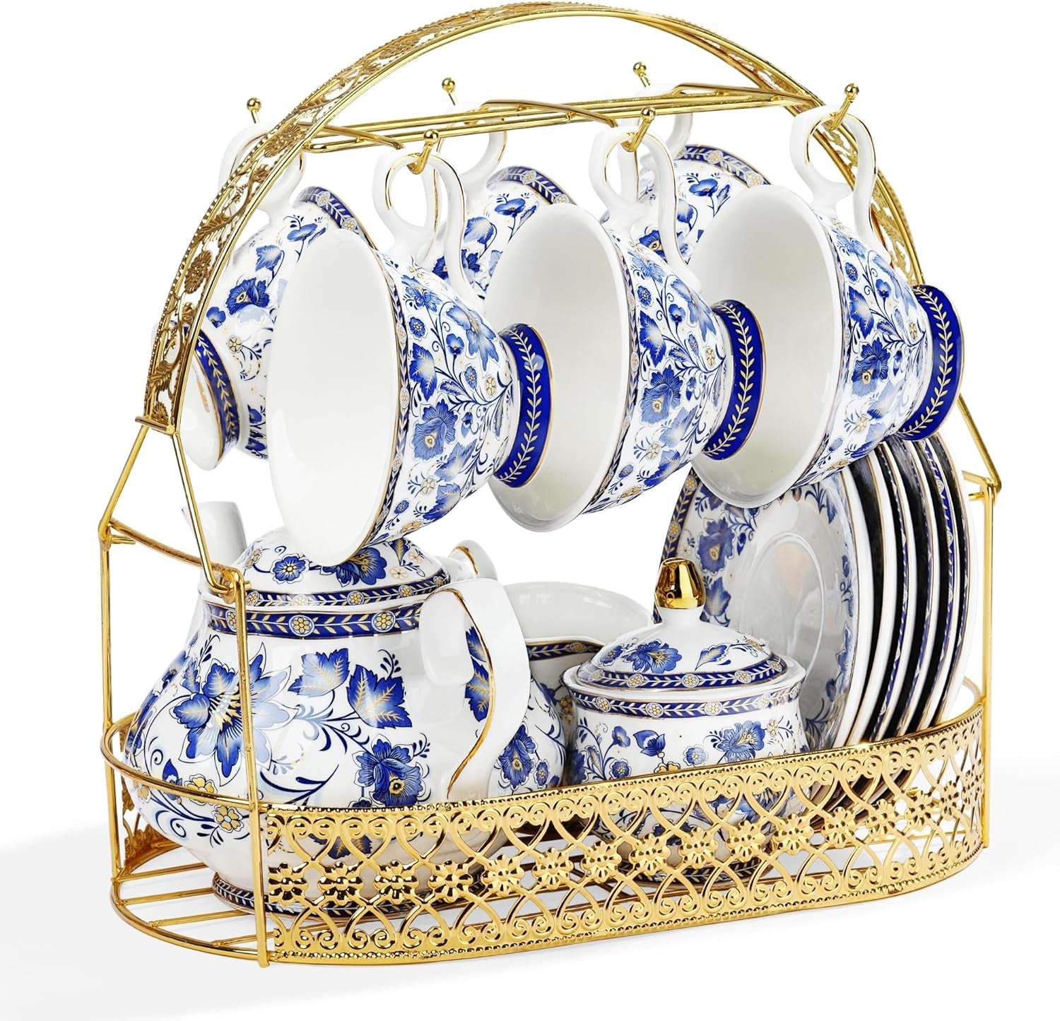 Set de ceai din porțelan cu flori albastre fanquare și suport metalic, ceașcă de cafea și farfurie vintage din porțelan, set de cafea englezesc pentru adulți