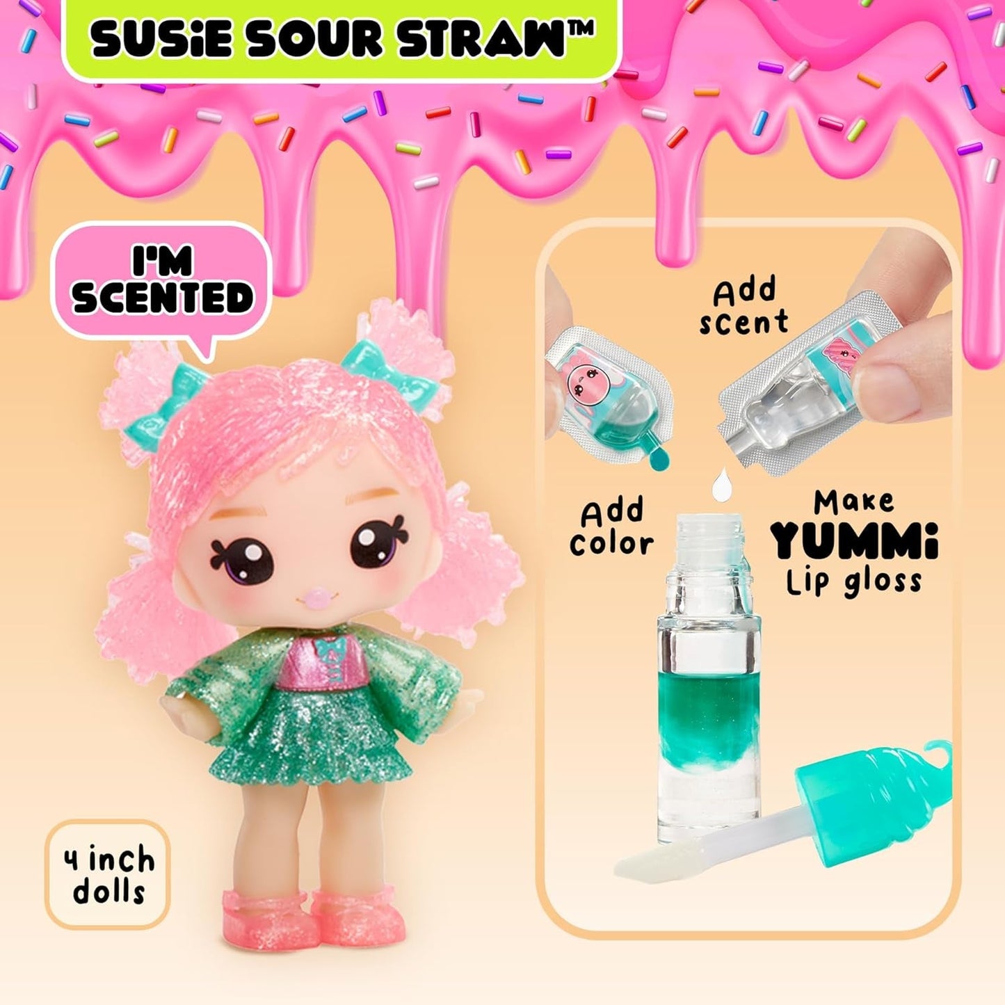 Păpușa Yummiland pentru luciu de buze - Susie Sour Straw - Include set de luciu de buze DIY, Potrivit pentru copii cu vârsta de 4 ani și peste, Seria 2