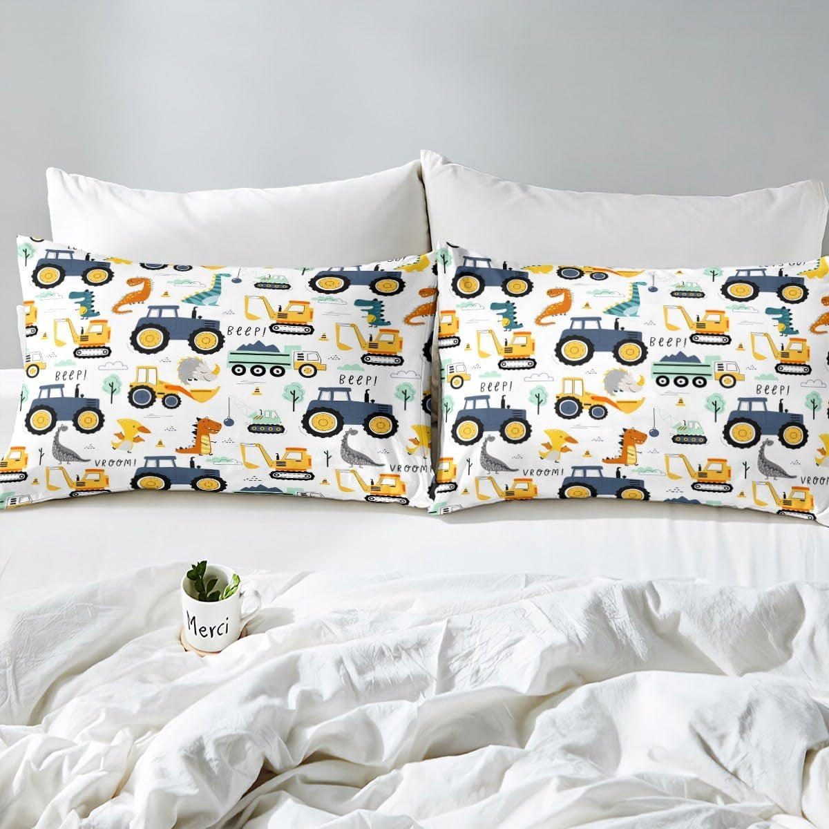 Jungen Cartoon Auto Bettwäsche Set 135X200,Kinder Bau Fahrzeuge Tröster Abdeckung Für Kind Kleinkind Teens,Dinosaurier Bettbezug,Traktor Maschinerie Bagger Bettdecke Abdeckung,Lkw Autos Bettwäsche Naty Shop