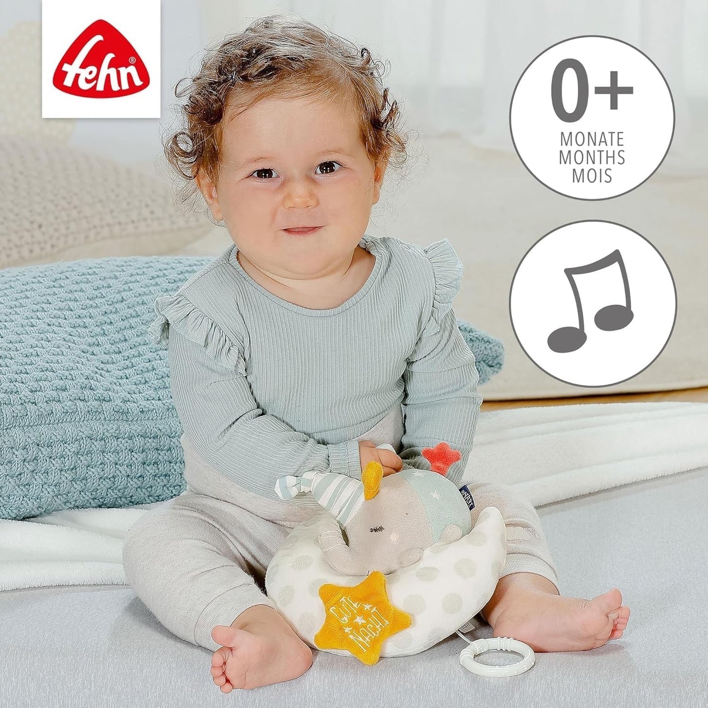 Fehn cutie muzicală copil elefant în lună - broderie "Glow-in-the-dark" cu melodia "The moon has risen" - jucărie de pluș pentru a vă ajuta să adormiți - jucărie pentru copii în mișcare și acasă - de la 0+ luni Jucarii Bebe Naty Shop