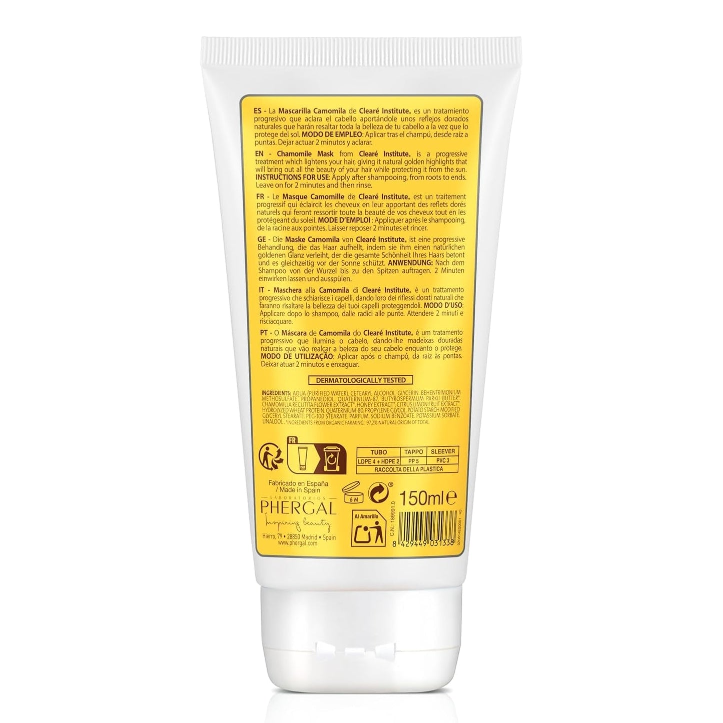Clearé Institute | Mască cu mușețel | Hrănește, condiționează și descurcă | Strălucire și strălucire aurie | 97% ingrediente naturale | Calmează scalpul | Cu extract de mușețel |150 ml Masca de par Naty Shop