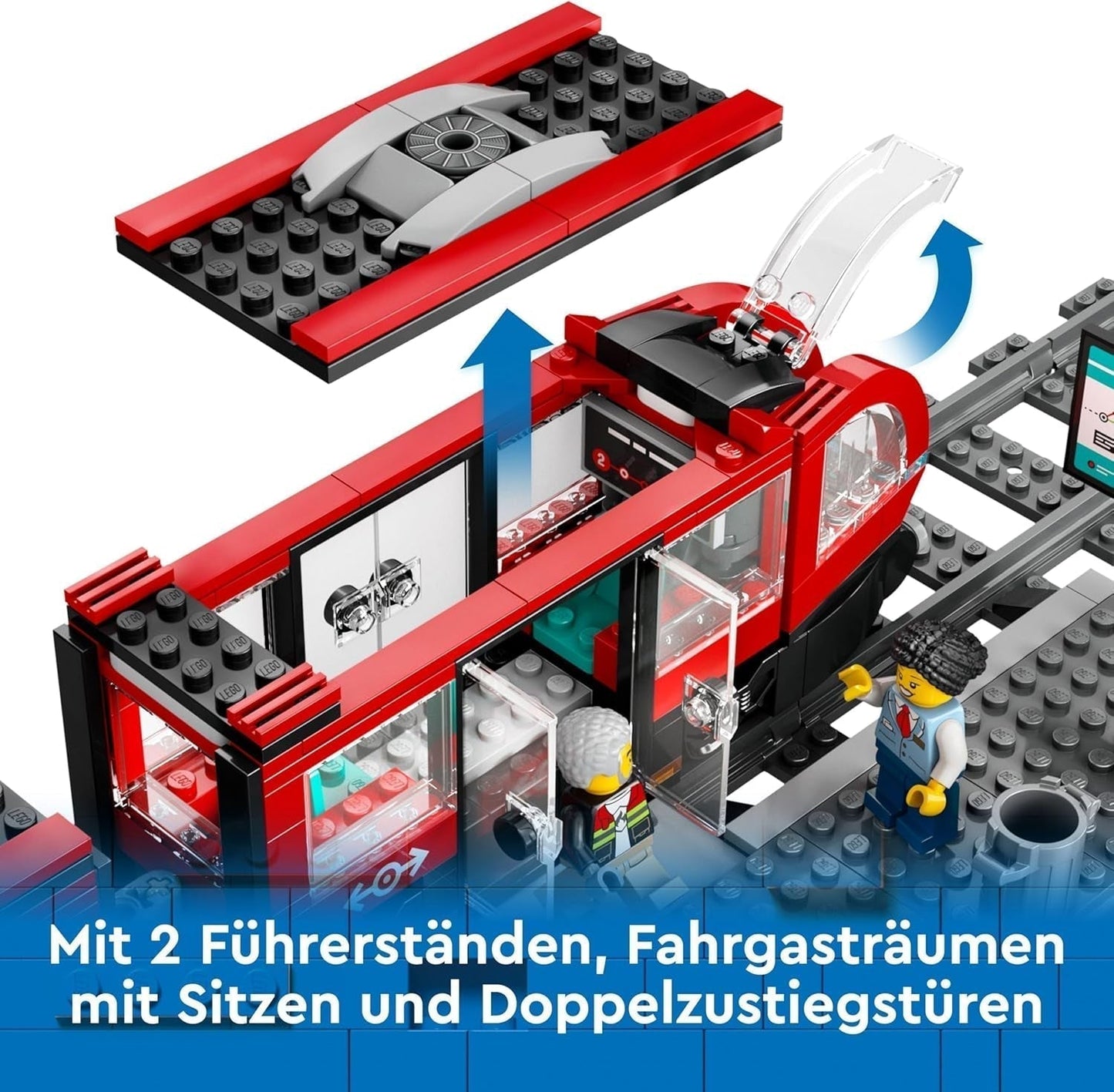 Tramvai LEGO City cu stație, idee de cadou pentru fanii jucăriilor cu vehicule de la 7 ani, cu 6 minifigurine și un câine ghid pentru jocuri de rol, jucărie de construcție 60423 Seturi de constructie Besuche den LEGO-Store