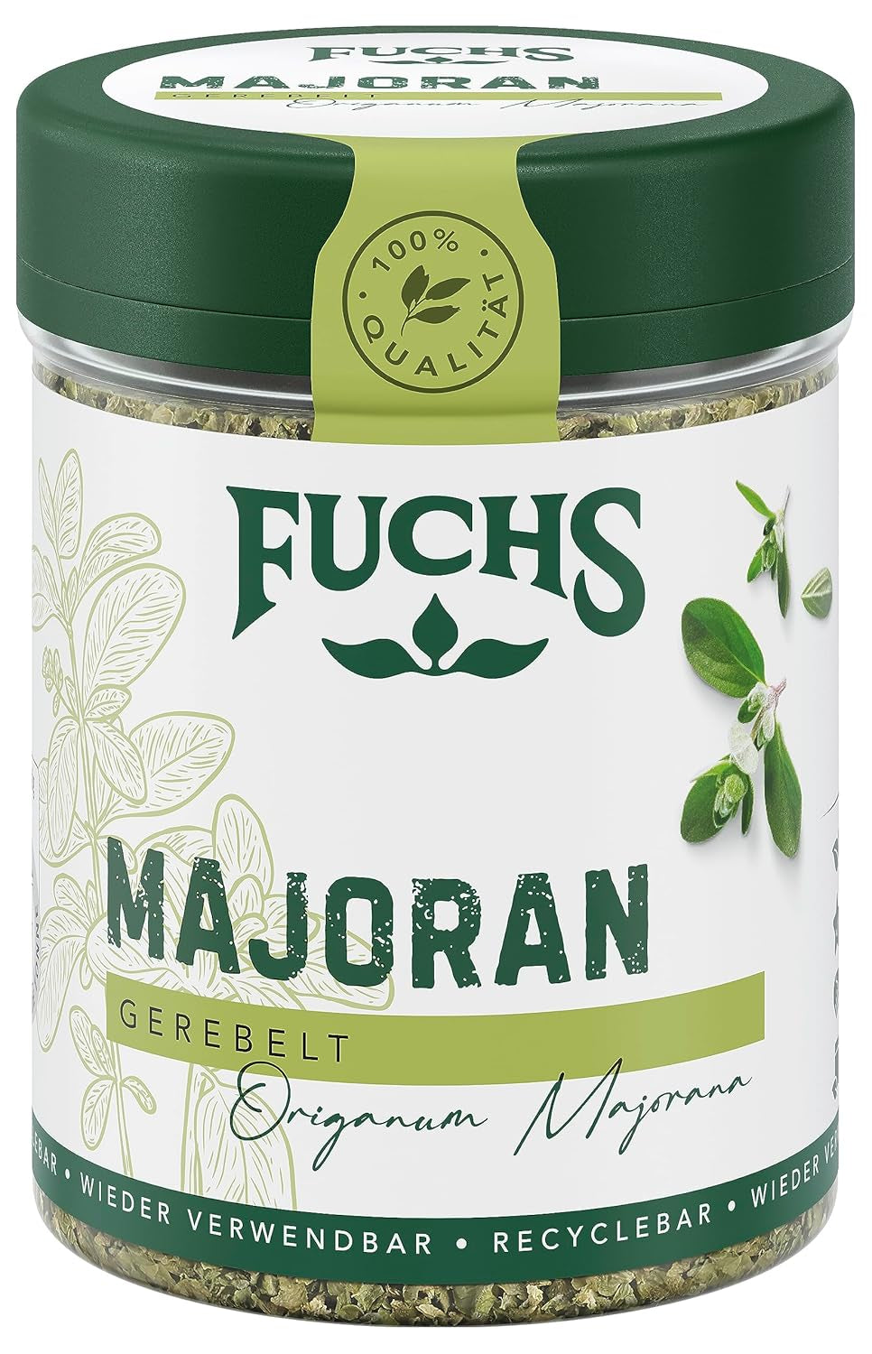 Fuchs Gewürze - Majoran gerebelt - zum Würzen von Kartoffelgerichten, Fleischgerichten oder Eintöpfen - natürliche Zutaten - 10 g in wiederverwendbarer, recyclebarer Dose