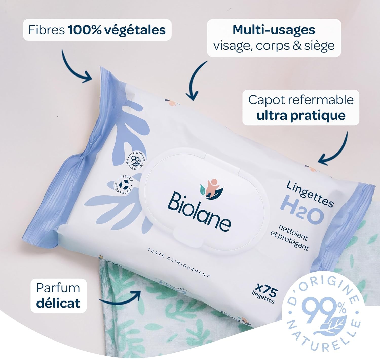 BIOLANE - Șervețele umede pentru bebeluși cu apă - 225 de șervețele - 3 x 75 bucăți - Curățare delicată și eficientă - De la naștere - Calitate franceză