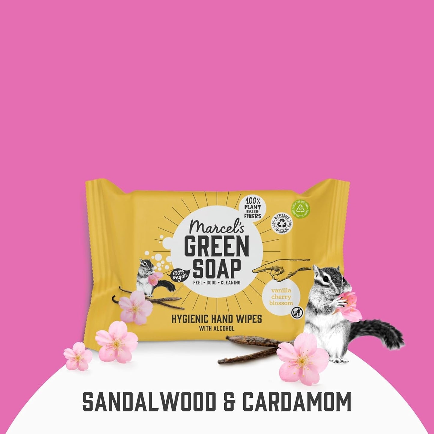 Șervețele umede igienice pentru mâini Marcel's Green Soap, pachet de 60 - Vanilie și floare de cireș - Pe bază de plante - Ecologice
