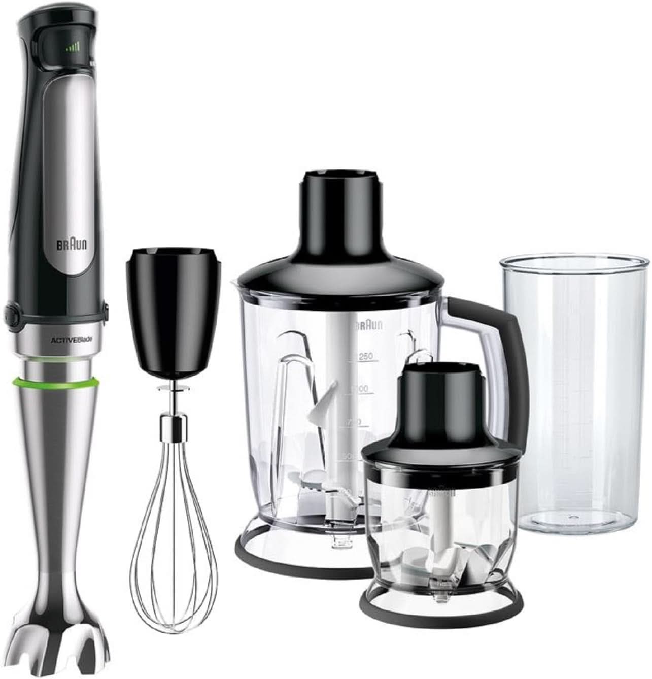Braun Multiquick 7 MQ 7035X Stabmixer - Pürierstab Mit Abnehmbarem Edelstahl Mixfuß Mit Activeblade Technologie Zum Pürieren Der Härtesten Zutaten, Inkl. 3-Teiliges Zubehör Set, 1000 Watt, Schwarz Bucatarie Naty Shop Schwarz Standmixer-Aufsatz