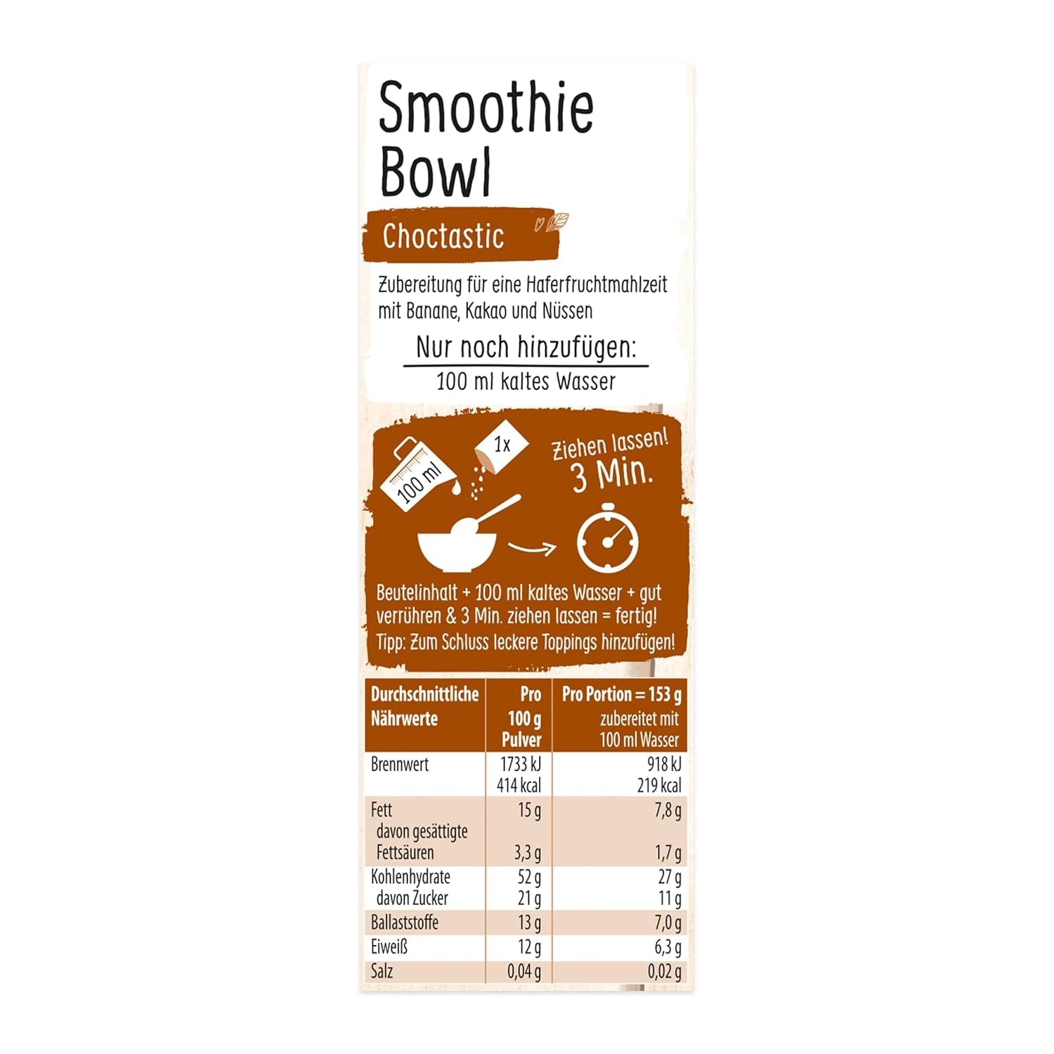 RUF Smoothie Bowl Gustare de mic dejun pe bază de ovăz cu nuci și banane, ciocolată, preparare rapidă și ușoară, vegană, 1 plic x 50g (pachet de 3)
