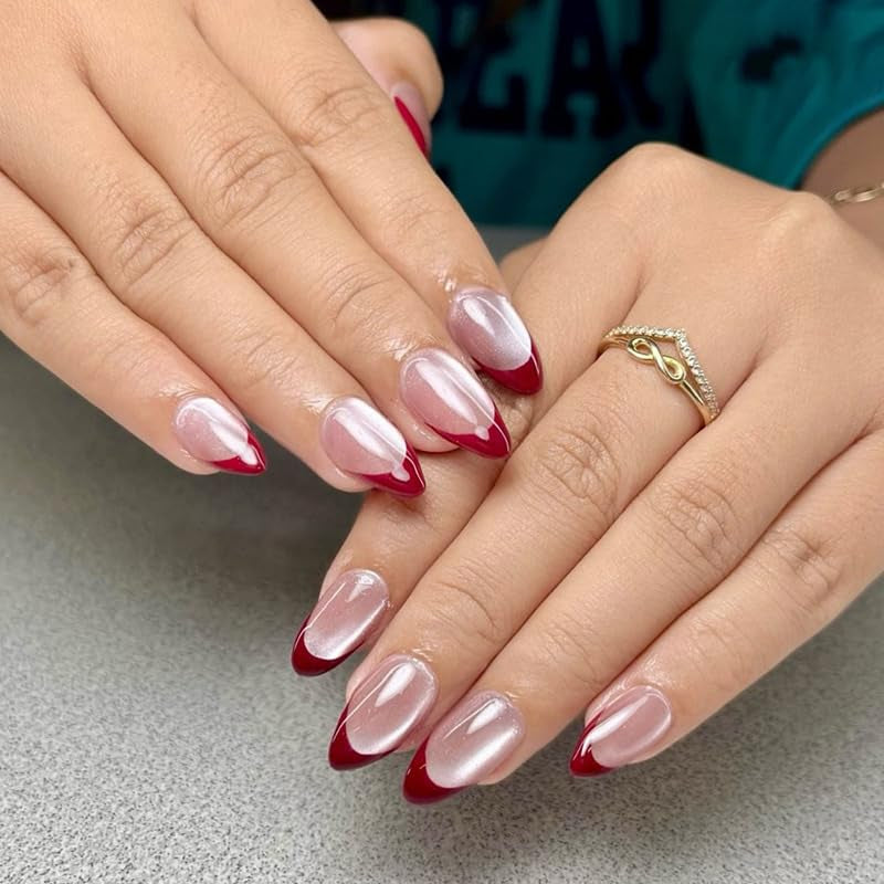 Mouyouglow Unghii False Magnetice Scurte, Roz Migdala Roșu Gradient Sclipici Cat Eye cu Lipici, Unghii Artificiale Roz Roșu Ombre Sclipici Fototerapie Pentru Femei și Fete