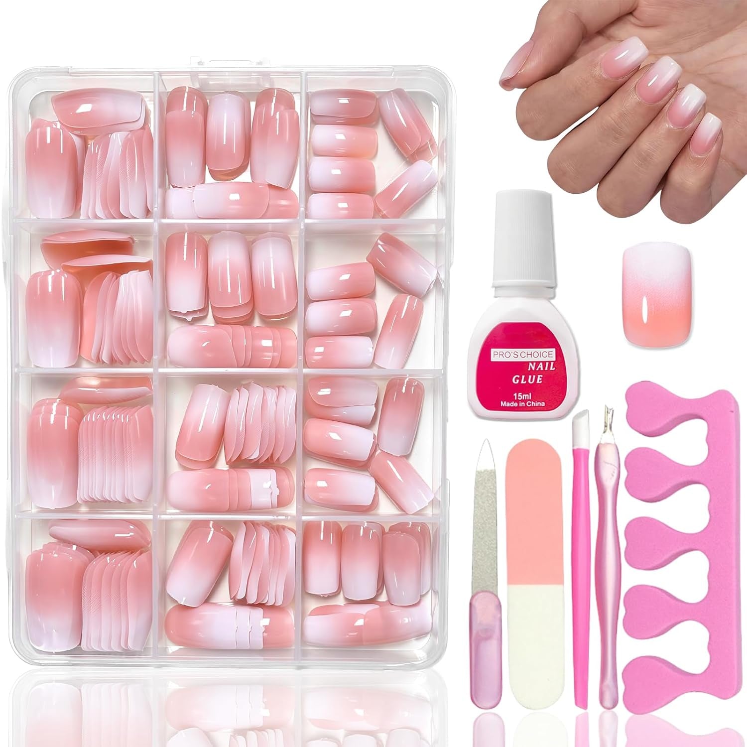 Kit unghii false 360 piese - Unghii artificiale scurte, nud, roz, alb, gradient - Unghii artificiale pătrate pentru lipit - Unghii autoadezive cu acoperire completă, lucioase, pentru femei și fete (pătrat)