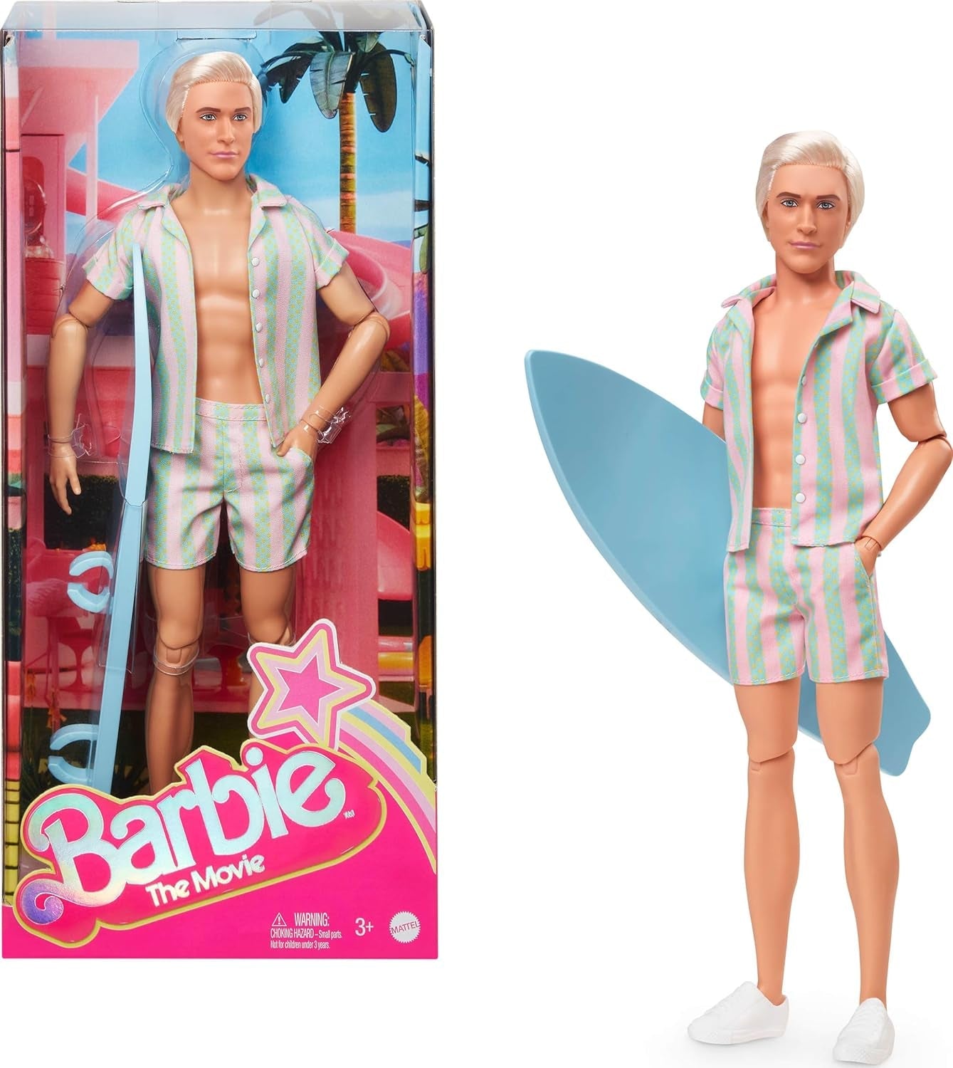 Păpușa Barbie Ken din filmul Barbie cu ținută de plajă în dungi roz pastel și verde, placă de surf și adidași albi, JBJ54