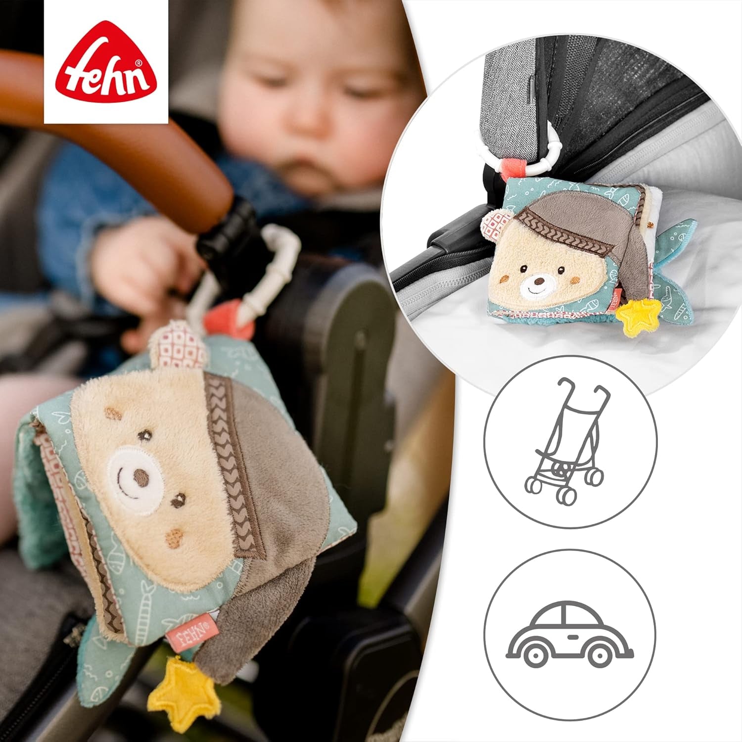 Fehn Soft picture book Bruno - carte moale pentru bebeluși din țesătură cu motive de animale - carte jucărie din țesătură de agățat pentru cărucioare și scaune auto pentru bebeluși - carte cu pocnitori pentru bebeluși și copii de la 0+ luni Jucarii Bebe Naty Shop