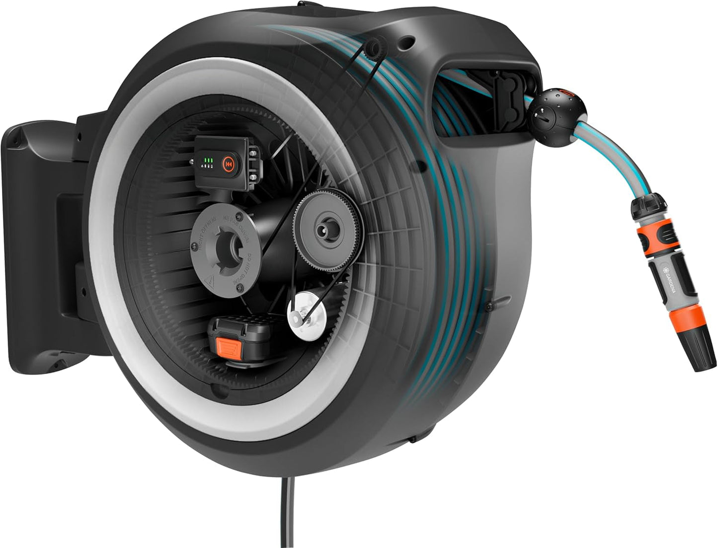 Cutie de furtun de perete fără fir Gardena PowerRoll XXL solo: Tambur automat pentru furtun cu furtun de grădină de 40 m, ghidaj pentru furtun și RollControl, alimentat cu baterii, rezistent la UV și îngheț (18647-55)
