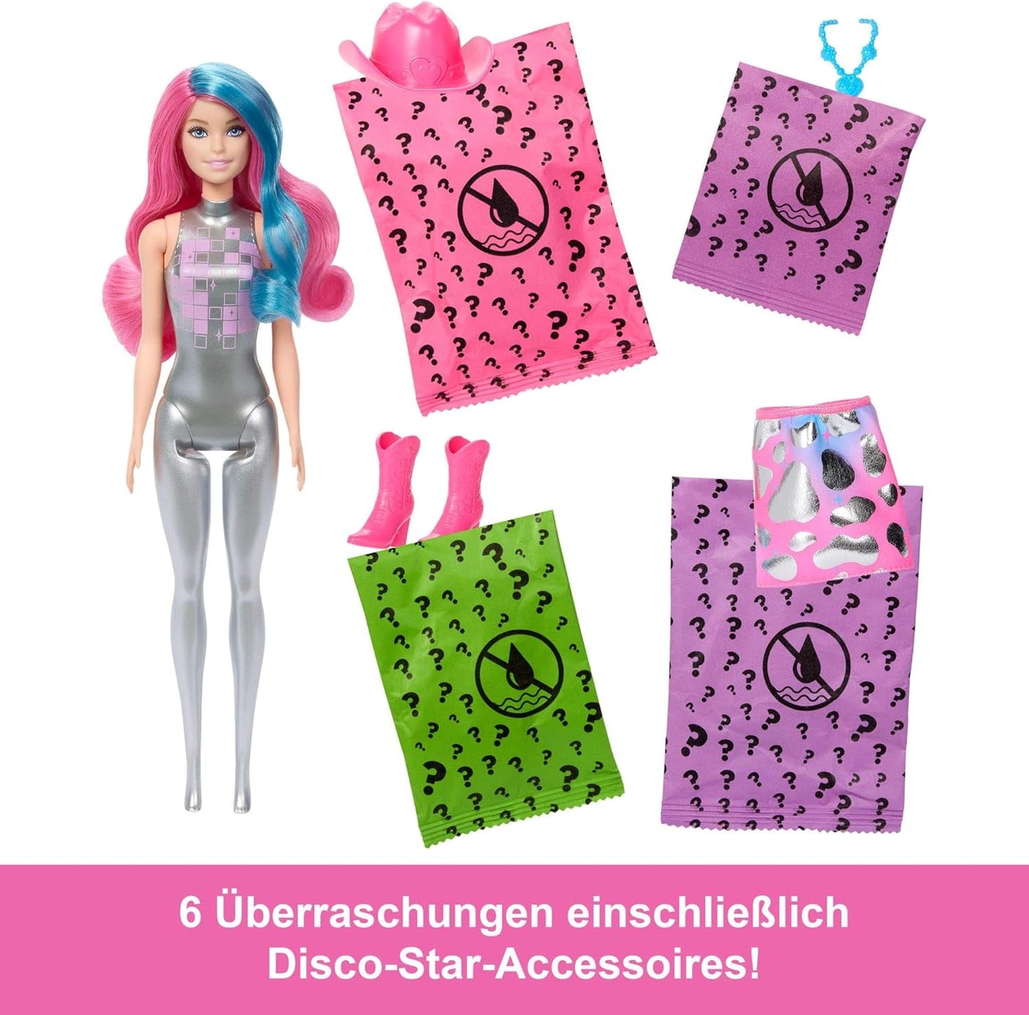 Păpușă Barbie Color Reveal și accesorii cu 6 surprize, serie Disco Star cu strălucire metalică și top care își schimbă culoarea (stilurile pot varia), JCP01, 32 cm