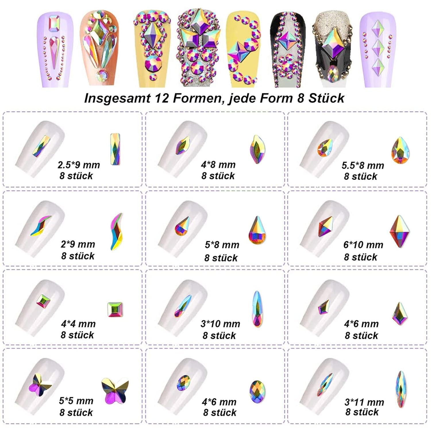 Set de 3200 de pietre pentru unghii, FITDON, pietre AB din sticlă multi-forme și pietre AB cu sclipici și diamant transparent pentru unghii, pentru decorare, seturi DIY, brelocuri pentru bijuterii, accesorii pentru unghii